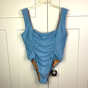 NWT J Crew Swimsuit Size 22 3XL Ruched Square Neck One Piece Blue Mist